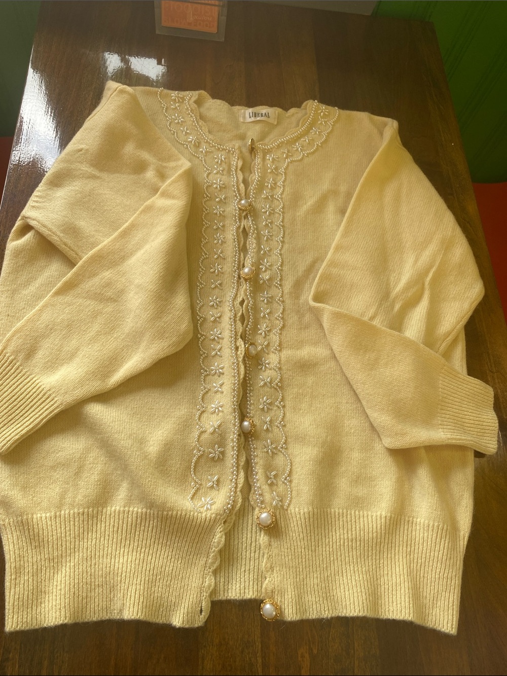 Vintage Grandmacore Cottagecore Yellow Embellished Cardigan Sweater Size large
